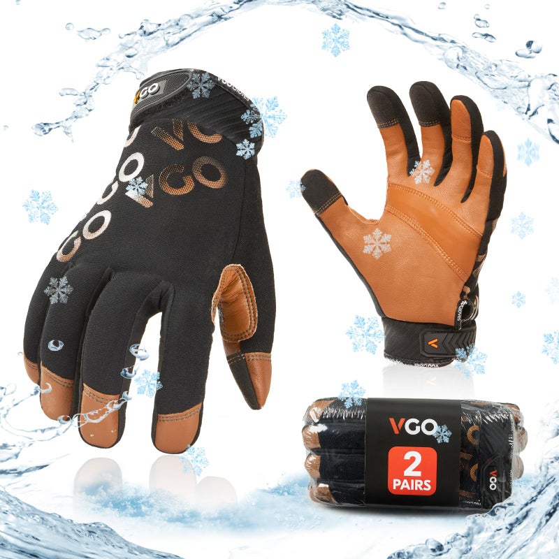Vgo... 2-Pairs -4â„‰ or above 3M Thinsulate C100 Winter Warm Waterproof Light Duty Mechanic Glove, High Dexterity, Anti-abrasion, Rigger Glove (Size L, Black&Brown, GA9603FW) - Image 1